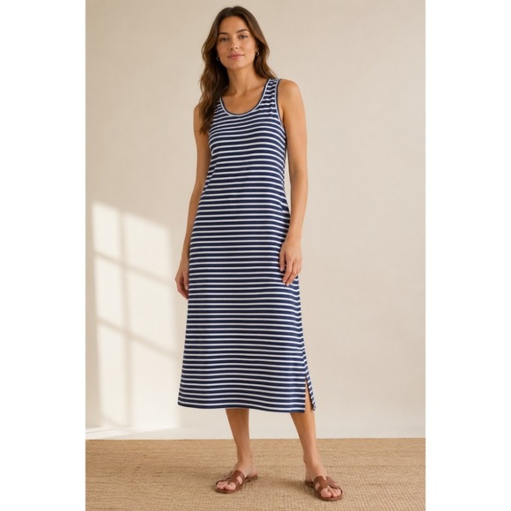Toad & Co Maxi Dress Sz M‎ Blue Striped Sleeveless Organic Cotton Blend